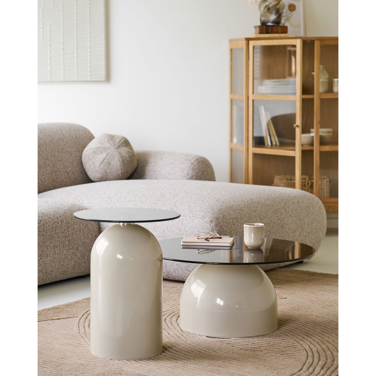 Ravello Coffee table, tempered glass/metal, grey/beige, ø70x33 cm