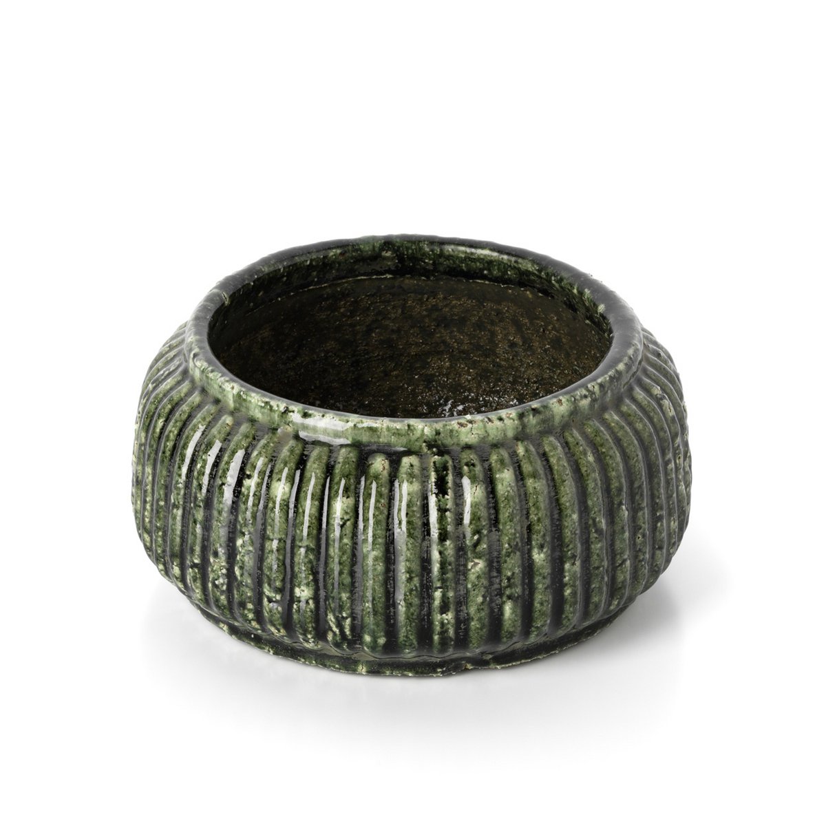 Forest Green Stoneware Bowl Planter – Low Ribbed Indoor Planter