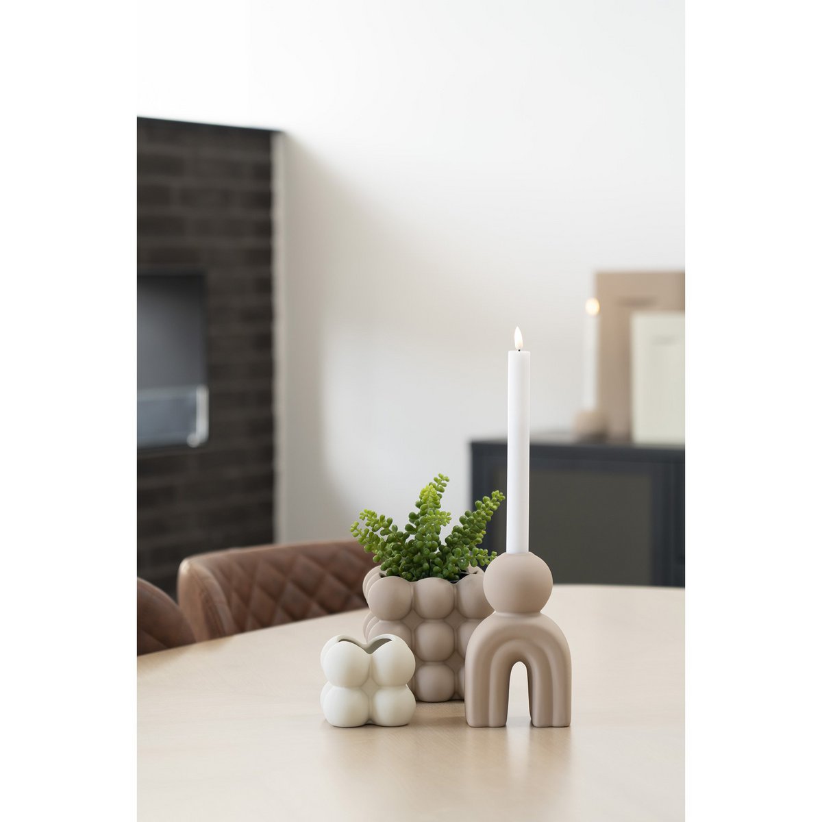 Stoneware Candle Holder - Brown Arched Candelabra - 17 cm