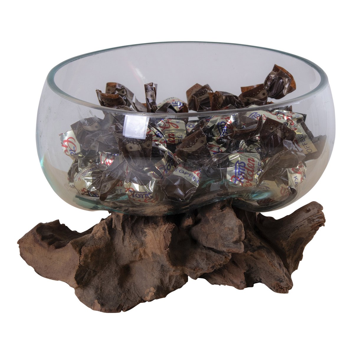 Teakwood Glass Decorative Bowl - Natural Wood & Steel Waterdrop, 15cm