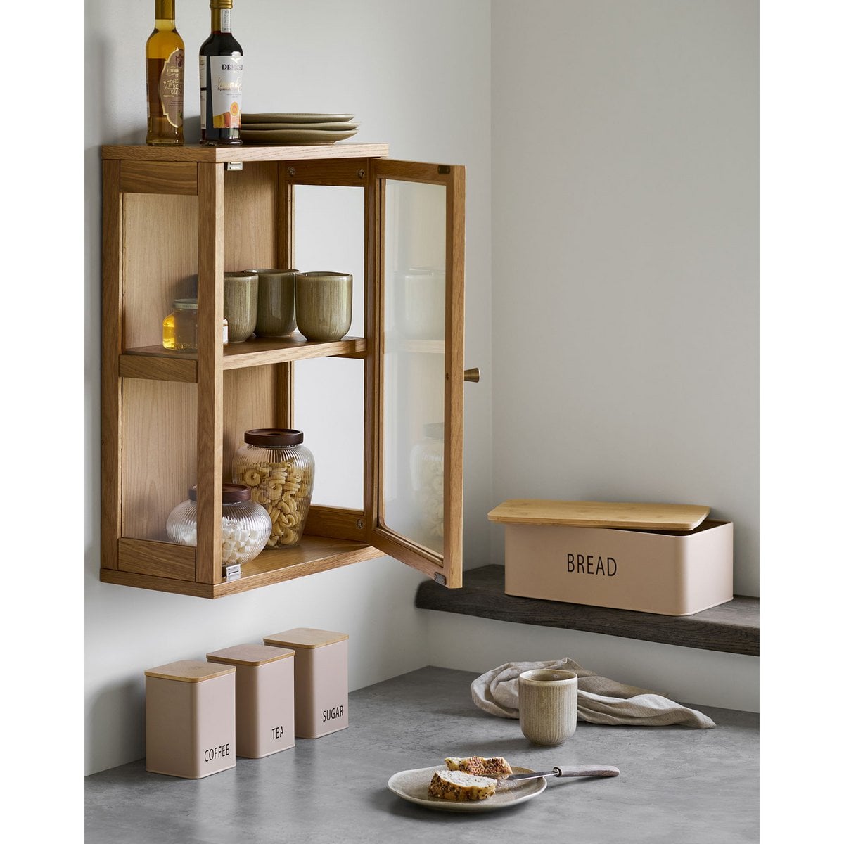 Metal Bamboo Bread Box Set – Beige Bread Storage with 3 Cans