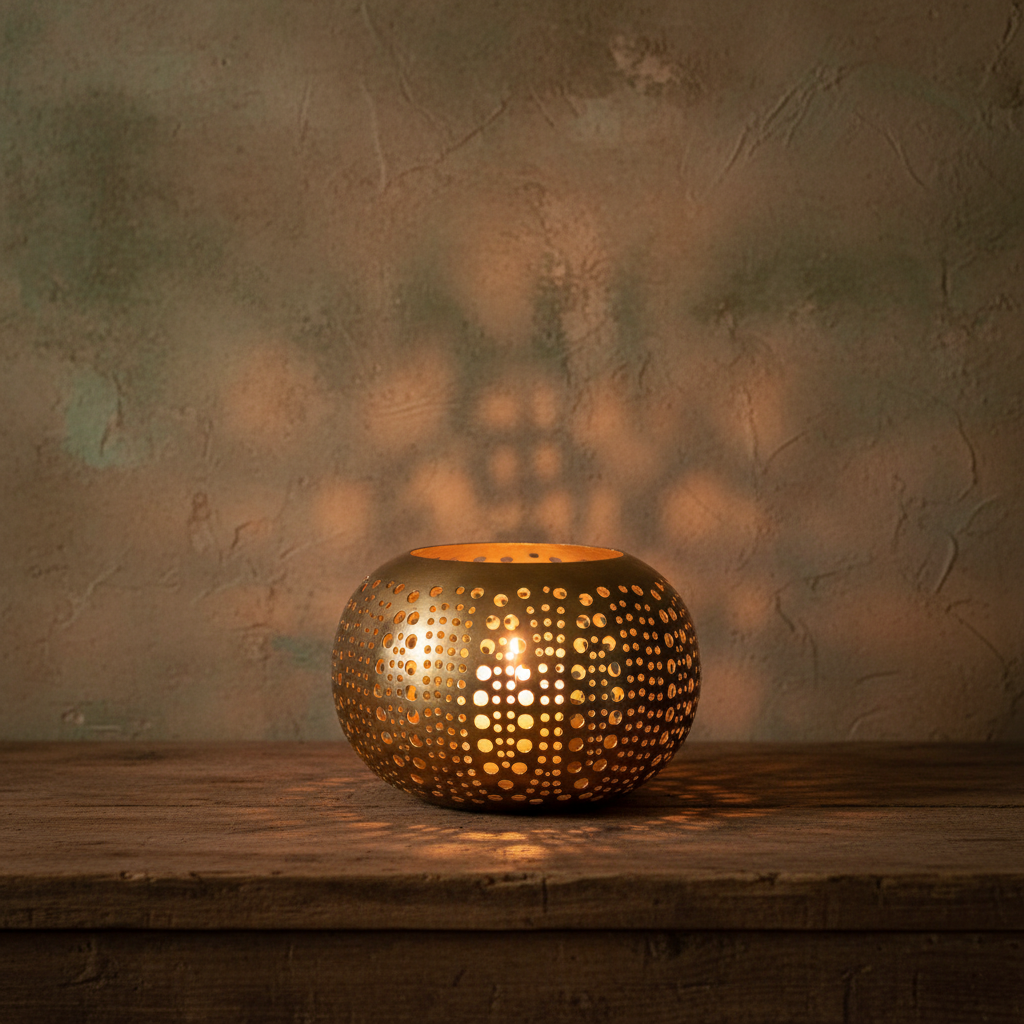 Brass Tea Light Holder - Gold Polka Dots Candle Holder - Medium