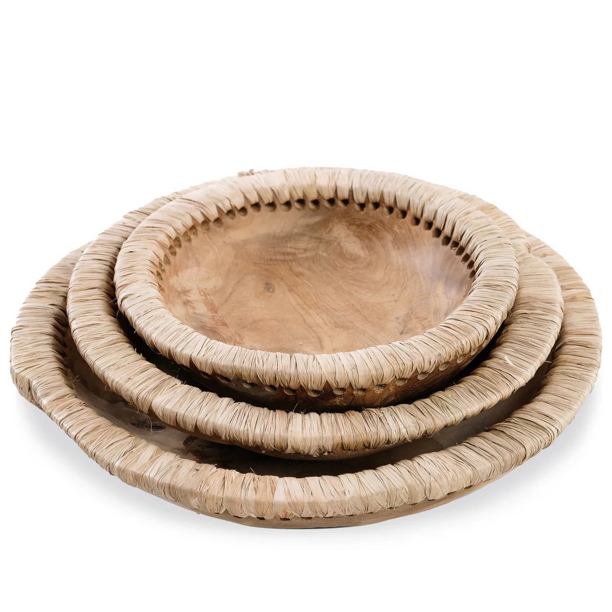 Teak Wood Bowl - Natural Raffia Decorative Bowl - Large