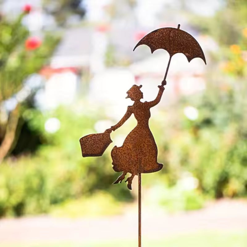 Rusty Metal Garden Decoration - Woman With Umbrella, Unique Outdoor Art | 1PC