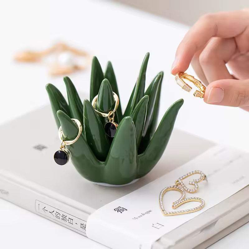 Nordic Ceramic Jewelry Holder – Cactus & Aloe Ring & Earring Organizer for Desk