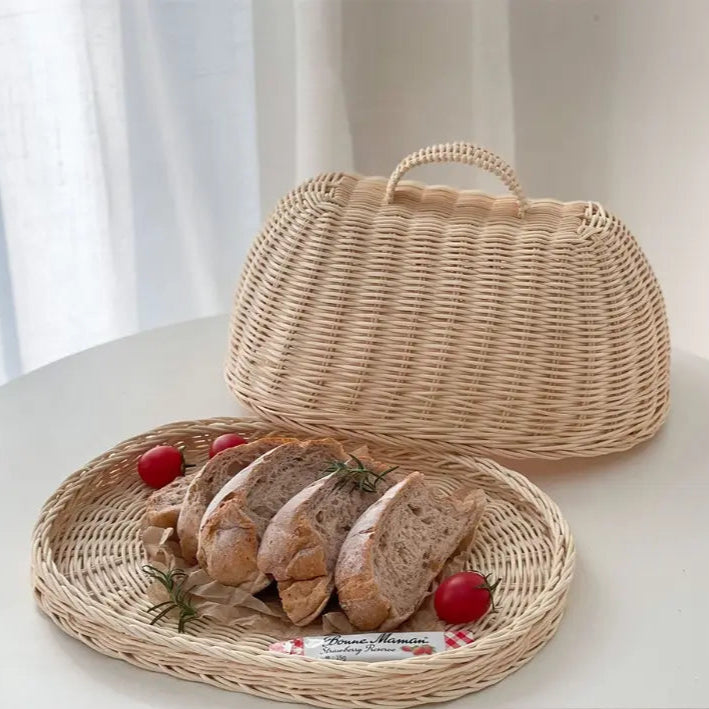 Rattan Bread Basket - Dust-Proof Cover & Kitchen Organizer