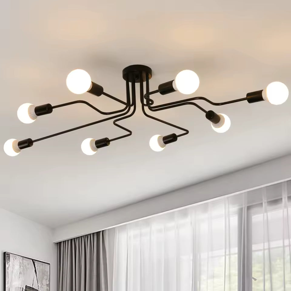 Industrial 8-Light Chandelier - Vintage Black Metal Fixture