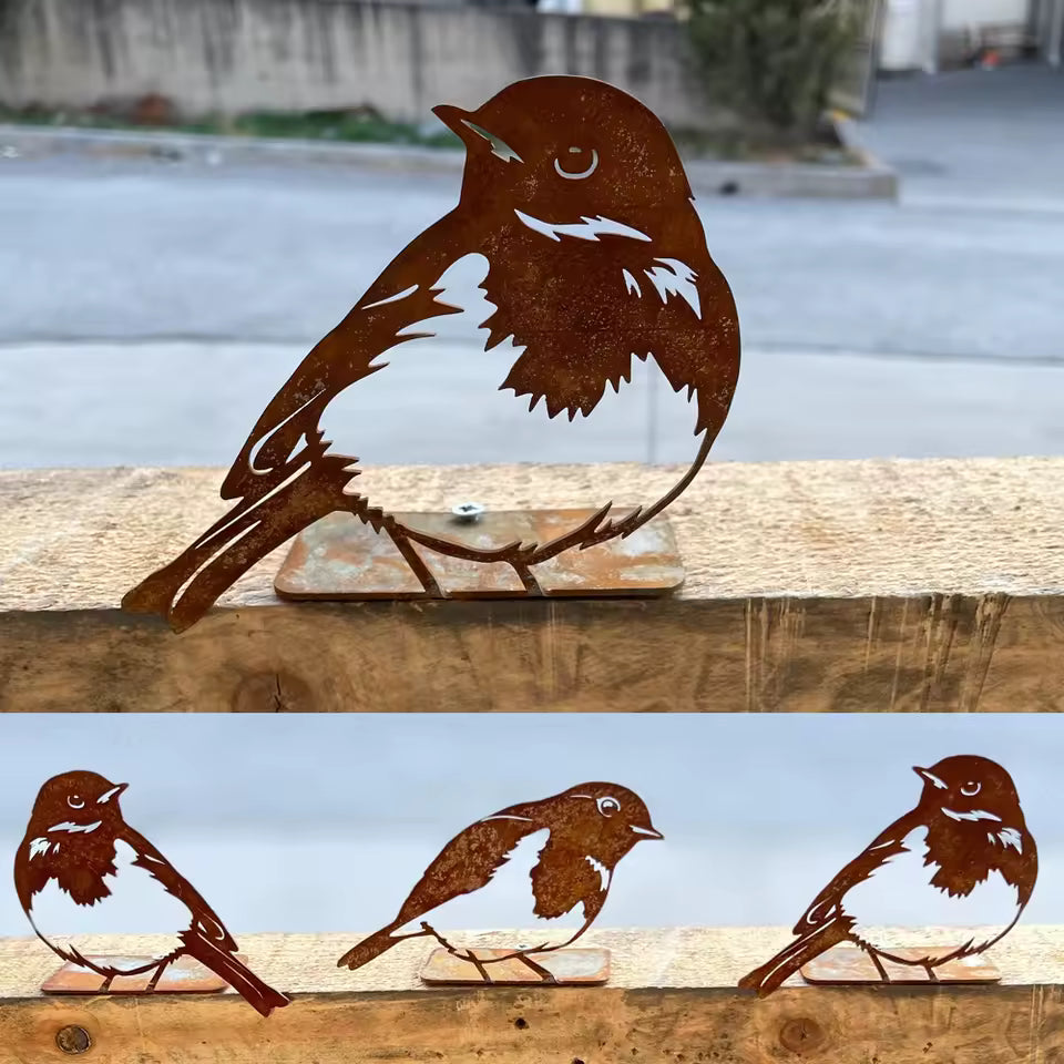 Rusty Metal Bird Silhouettes for Garden – Outdoor Decor Set of 3 (Robin, Woodpecker, Finch)