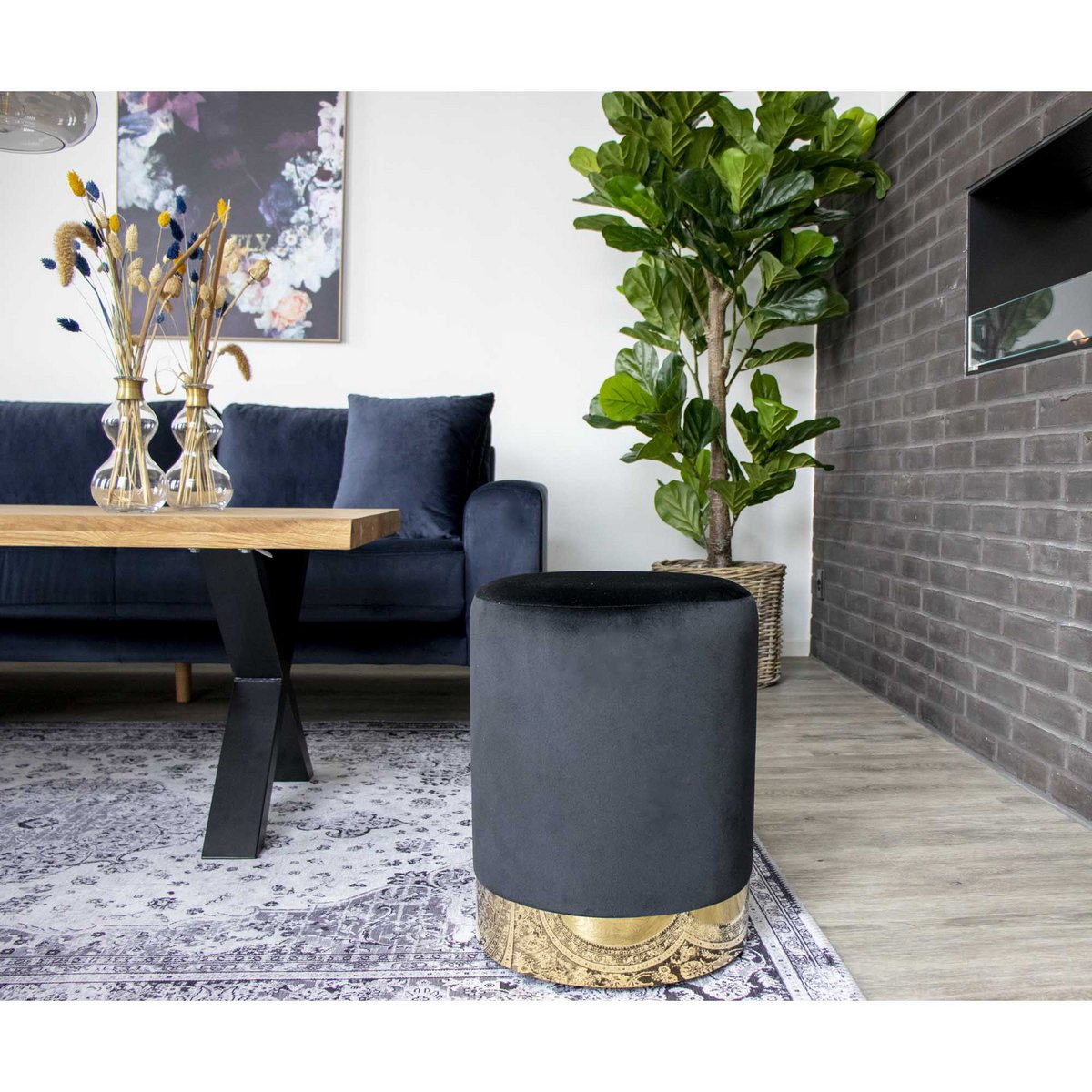 Gamby Pouf - Velvet, Steel, Black - Ø34x43 cm