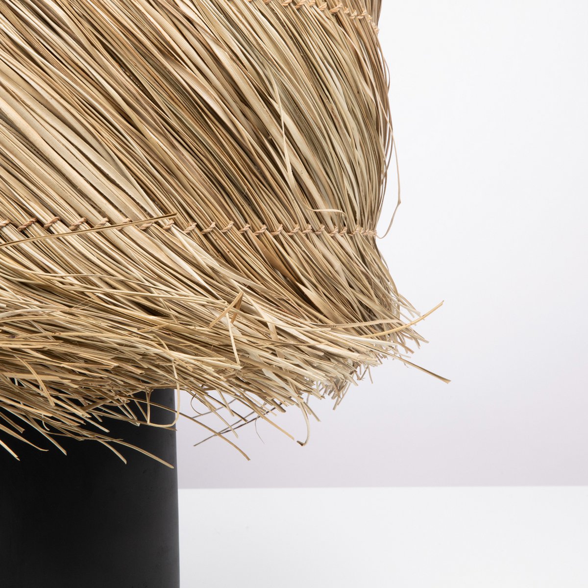 Woven Table Lamp - Black Natural Pandan Shade with Sisal Fringe