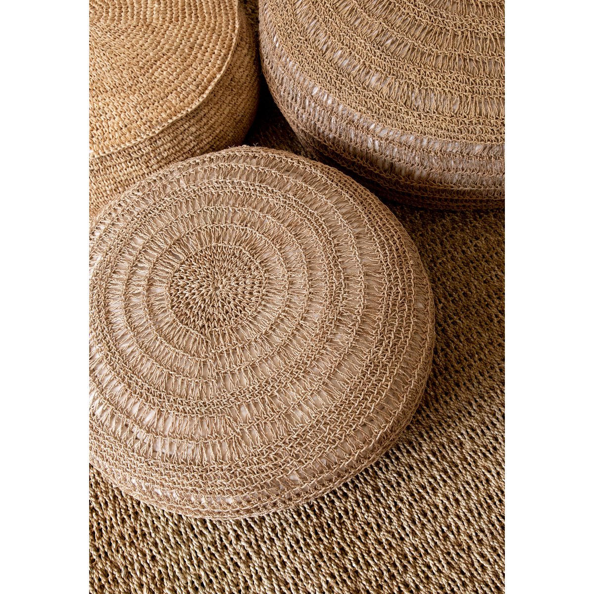 Raffia Pouffe - Natural Woven Ottoman, Round Accent Seating
