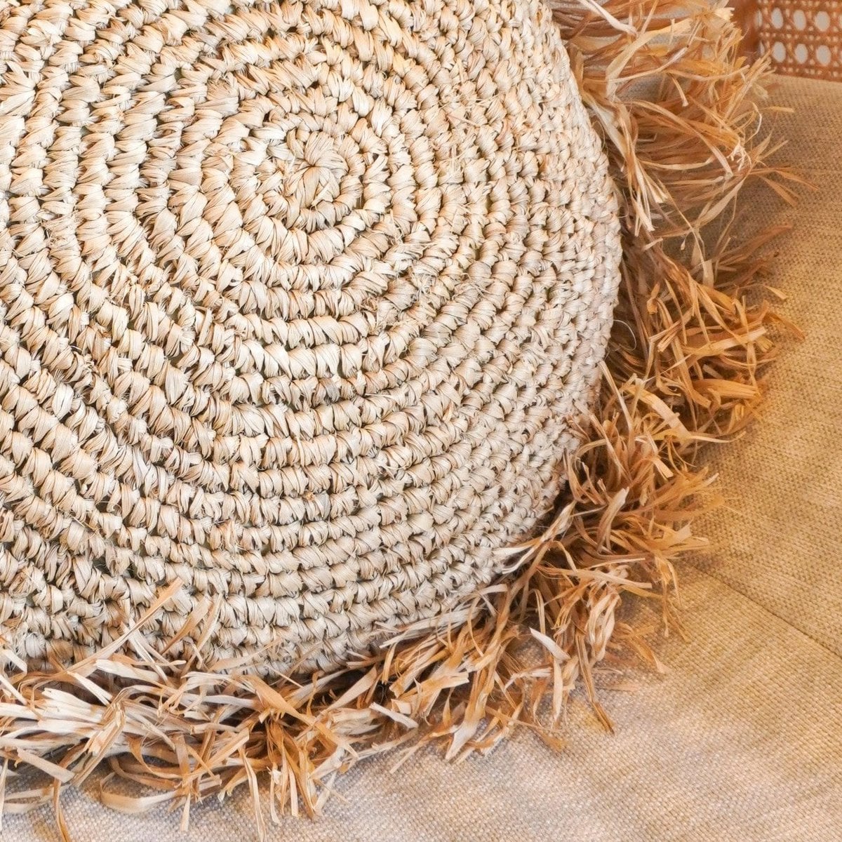Raffia Throw Pillow - Round Boho Cushion with Fringes, 40/50 cm