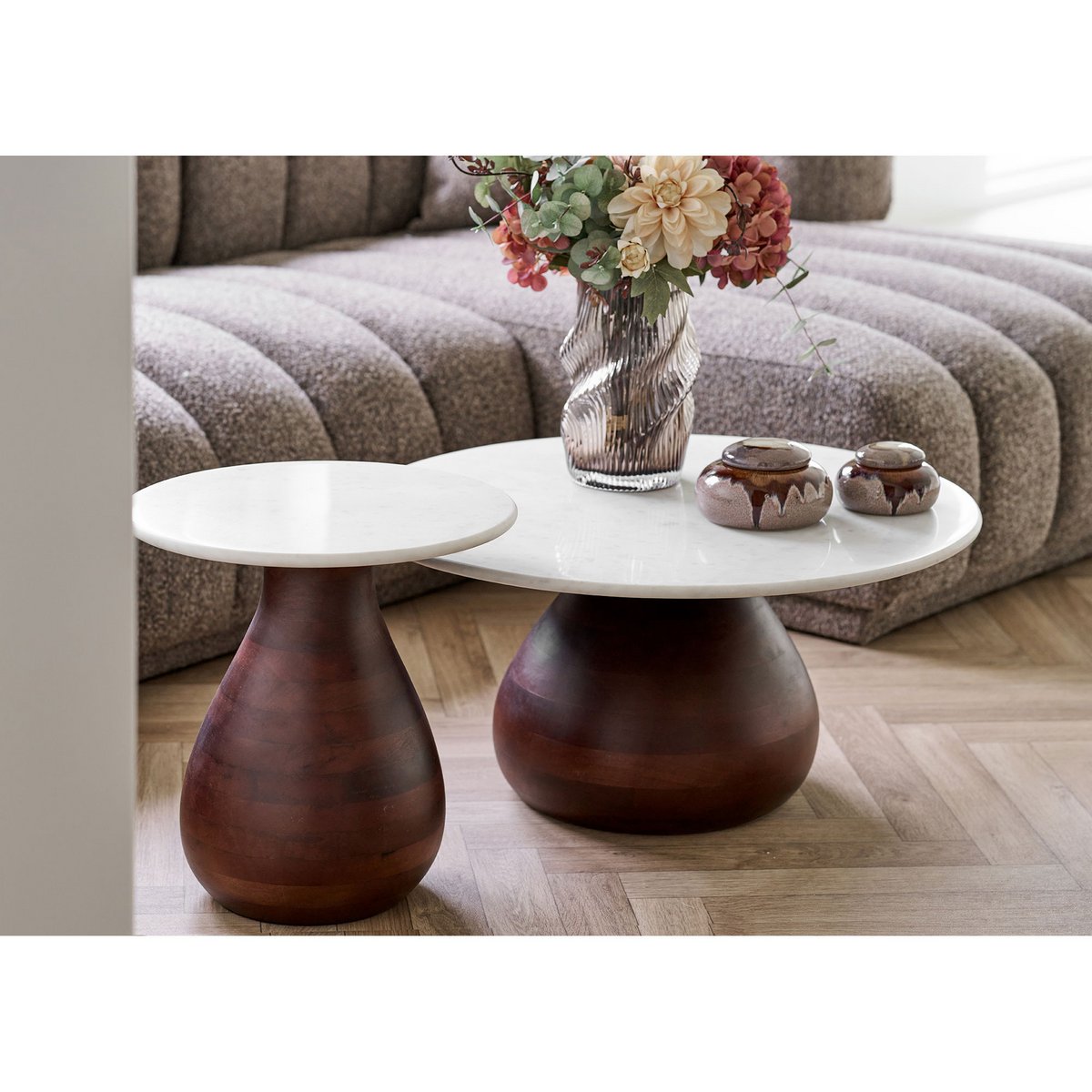 Heide Side table, mango wood/marble, dark brown/white, ø40x41 cm