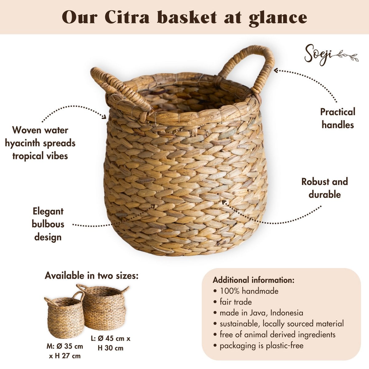 Round Woven Laundry Basket – Bulbous Boho Hamper – Natural Plant Basket – Large Water Hyacinth Storage Basket (2 sizes) CITRA