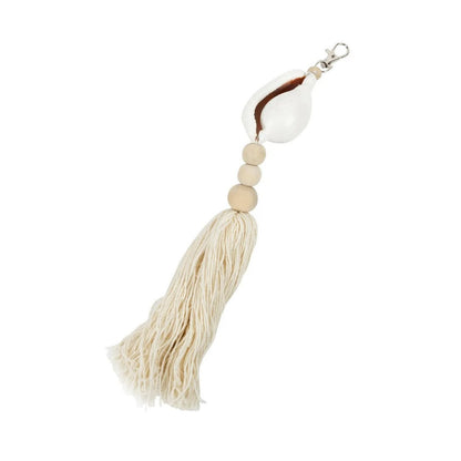 Wood Seashell Keychain – Natural Cotton Keyring, White Shell
