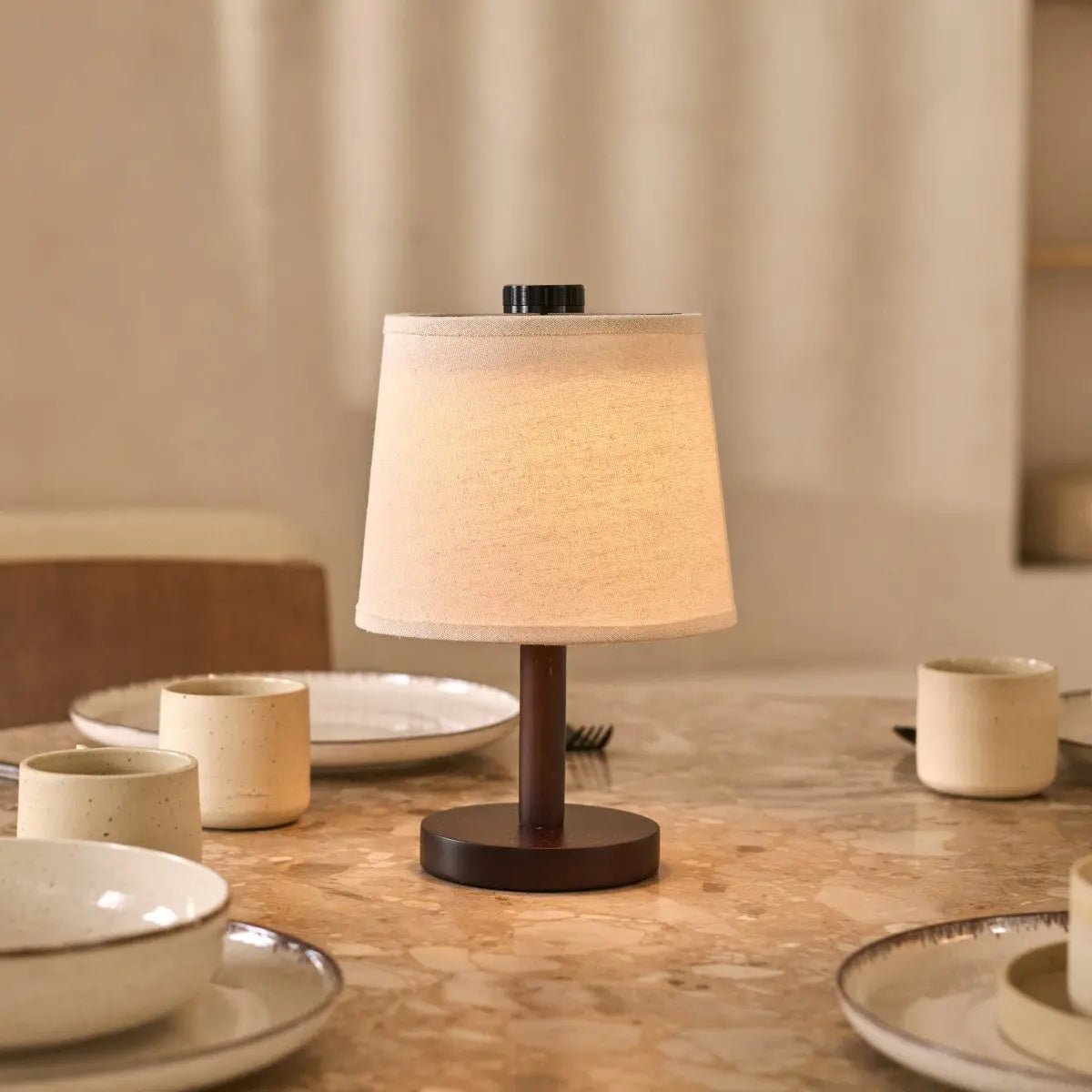 Rover Dark Brown Wooden Rechargeable Lamp | Cordless, Dimmable & Linen Blend