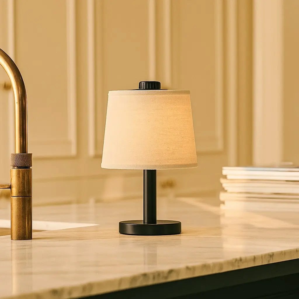 Black Wooden Table Lamp - Cordless Rechargeable Linen Shade