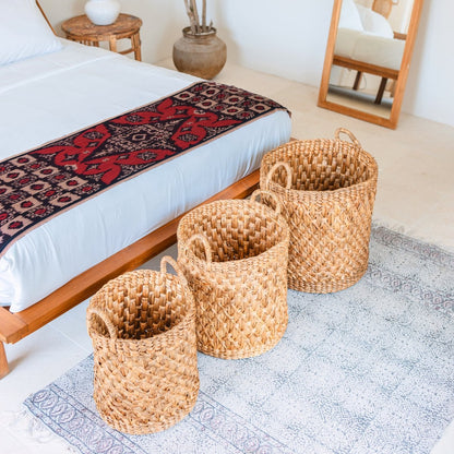 Water Hyacinth Laundry Basket - Boho Woven Hamper - Brown