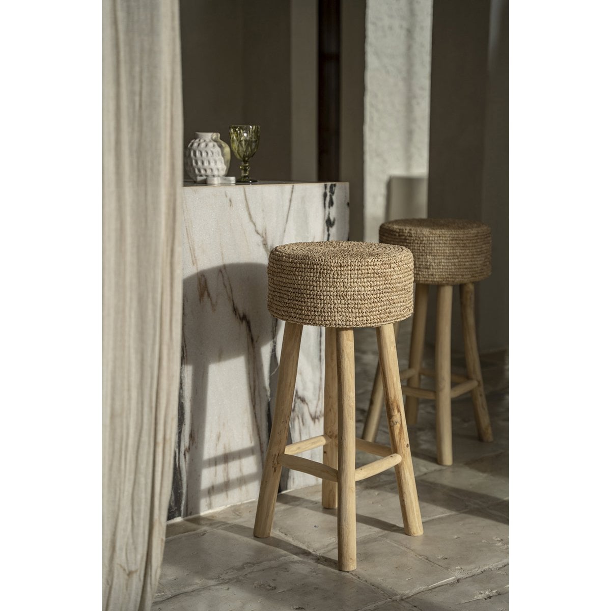 Raffia Bar Stool - Natural Teak & Woven Seat