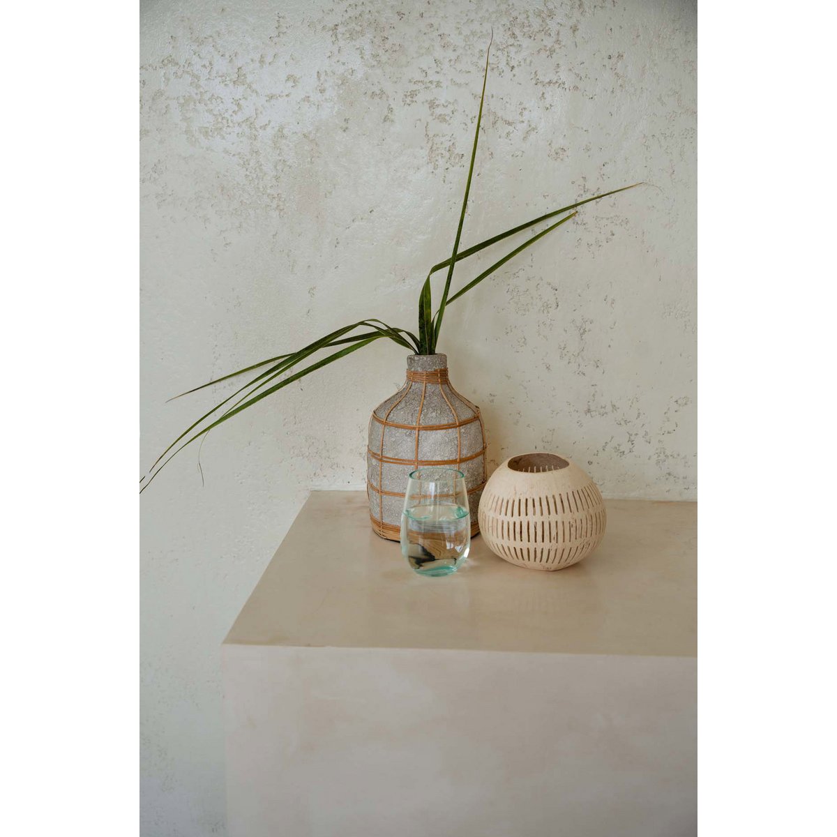 Concrete Vase - Natural Rattan Accent - Large Whoopy Vase