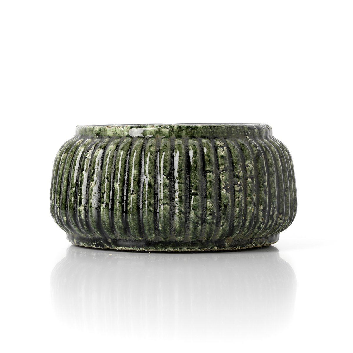 Forest Green Stoneware Bowl Planter – Low Ribbed Indoor Planter