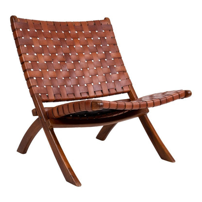 Teak Wood Folding Chair - Brown Leather Seat, 66x74x73 cm