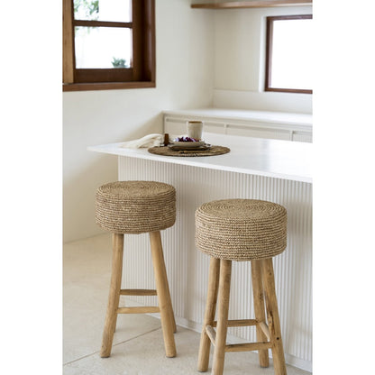 Raffia Bar Stool - Natural Teak & Woven Seat