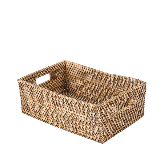 Rattan Storage Basket - Natural Brown Woven Box with Handles