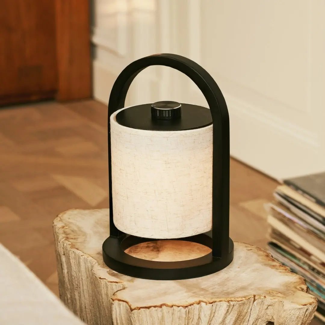 Black Wood Rechargeable Table Lamp | Linen Shade & 100-Hour Battery