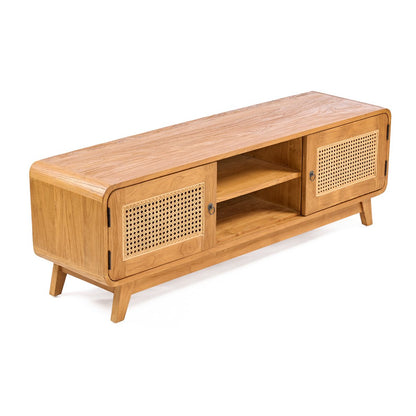 Teak and Rattan TV Stand - Mid-Century Modern Dune Cabinet, Natural