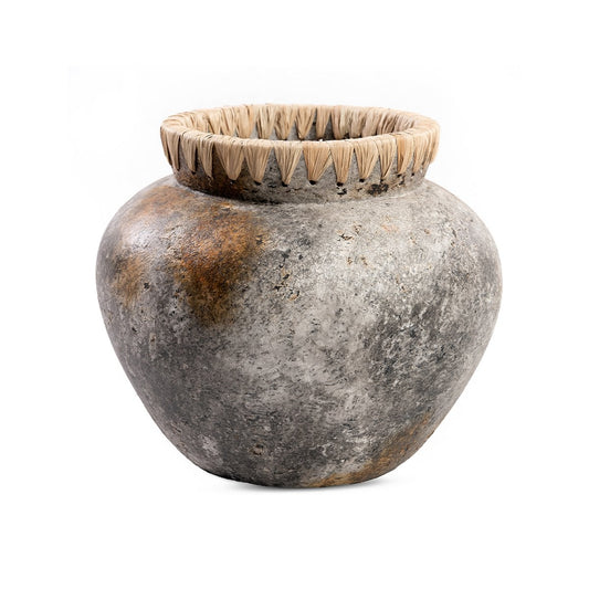 Terracotta Vase with Raffia - Large Antique Grey Decorative Vase