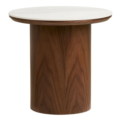 Noli Side table, ceramic table top/ash veneer, white/dark brown, ø40x38 cm