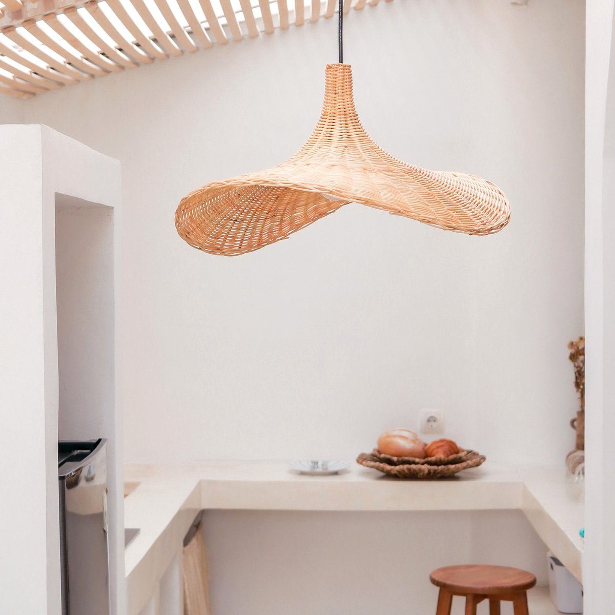 Rattan Pendant Light - Natural Funnel Lampshade, Handmade in Bali
