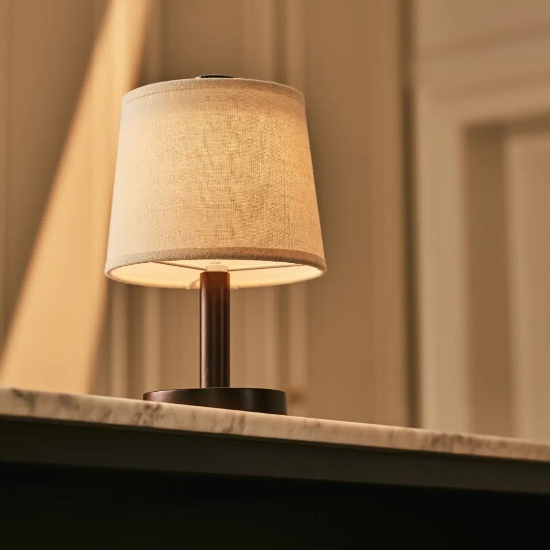 Rover Dark Brown Wooden Rechargeable Lamp | Cordless, Dimmable & Linen Blend