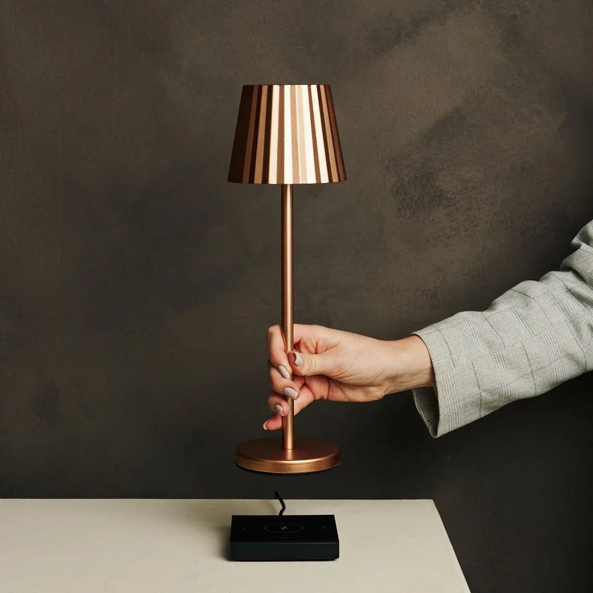 Maya Copper Ribbed Table Lamp | 3 Light Modes & Rechargeable via Charging Station