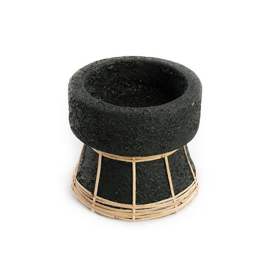 Rattan Tea Light Holder - Black Terracotta Candle Holder, Small