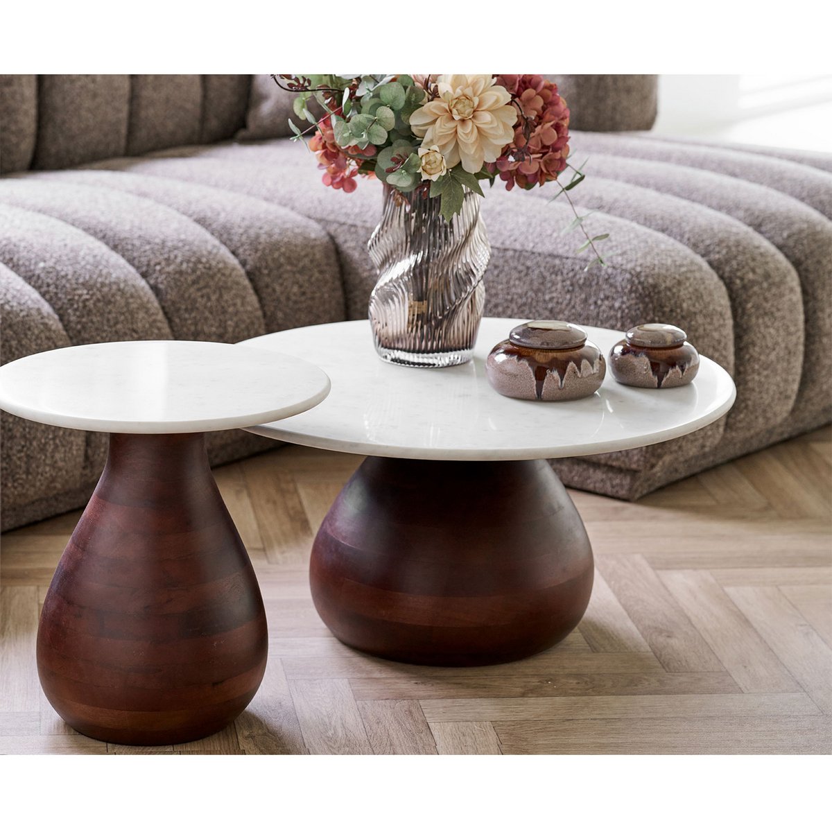 Mango Wood & Marble Coffee Table – Dark Brown/White, Ø70cm