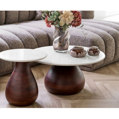 Mango Wood & Marble Coffee Table – Dark Brown/White, Ø70cm
