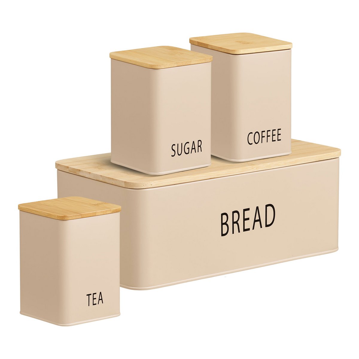 Metal Bamboo Bread Box Set – Beige Bread Storage with 3 Cans
