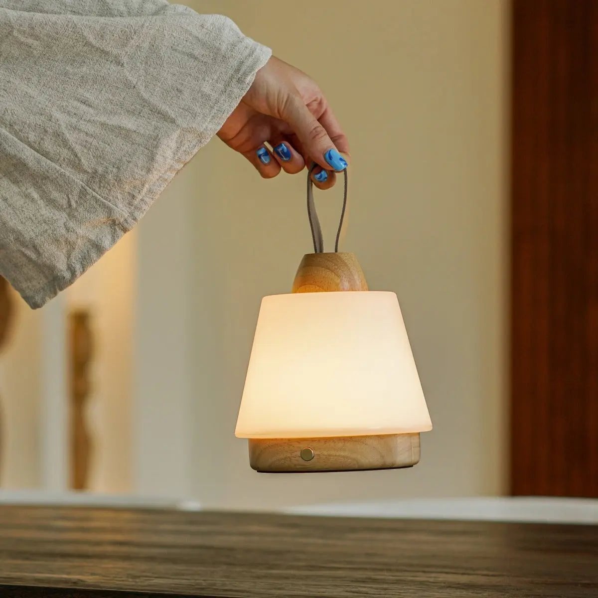 Rechargeable Table Lamp - Brown Wood & Leather, Dimmable