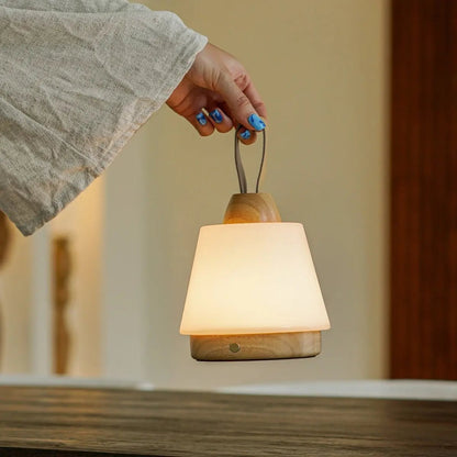 Rechargeable Table Lamp - Brown Wood & Leather, Dimmable