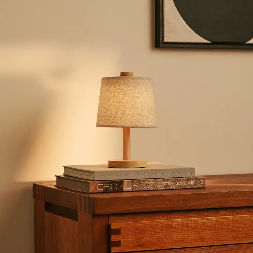 Wooden Cordless Table Lamp – Light Brown Rechargeable Linen Rover