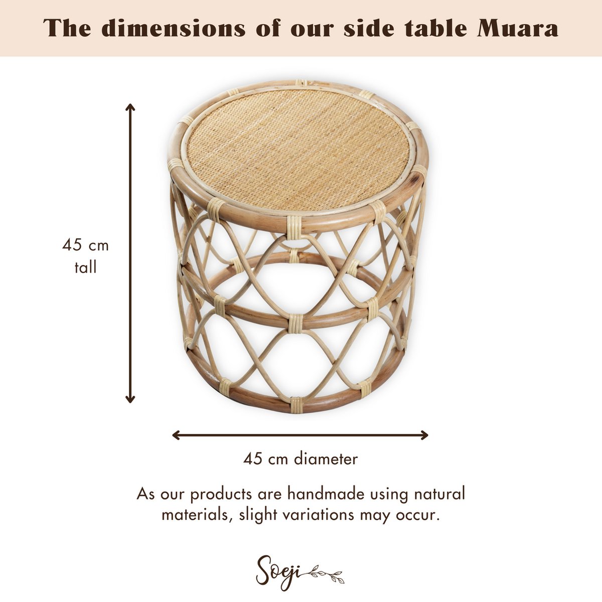 Round Rattan Side Table – Small Boho Coffee Table – Bedside Table Rattan Beige – Handmade Table Made of Natural Rattan (Ø 45 cm) MUARA