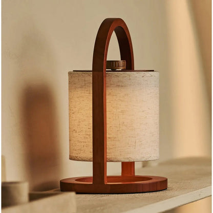 Wooden Rechargeable Table Lamp - Chestnut Brown Linen Blend, 27cm