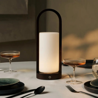 Scandinavian Wooden Table Lamp – Cordless Dimmable LED, Dark Brown