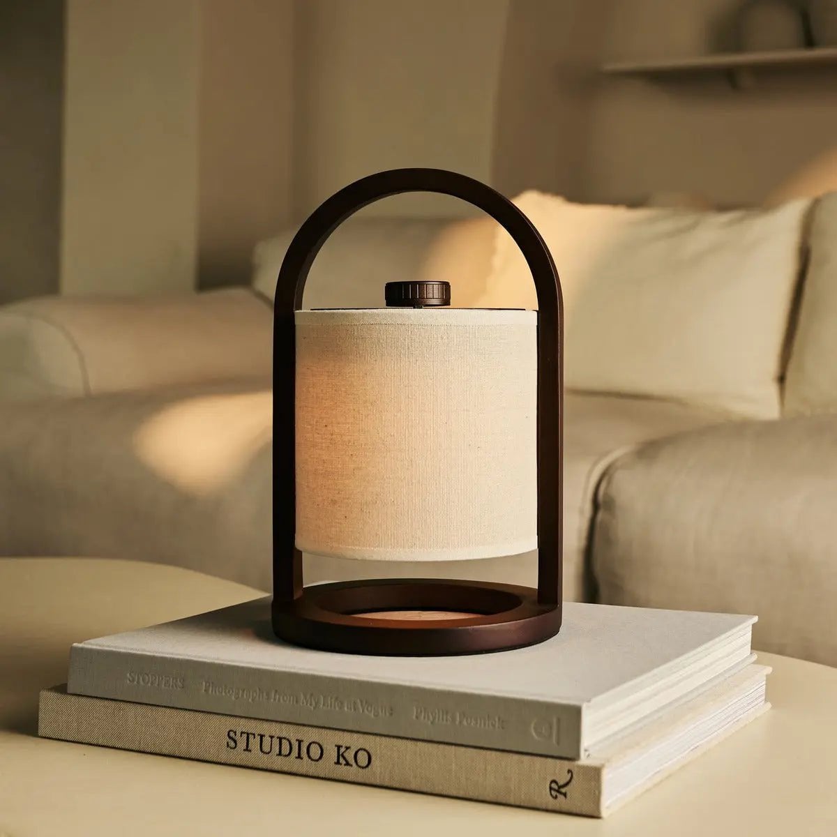 Wooden Rechargeable Table Lamp - Dark Brown Linen Blend, 100-Hour Battery