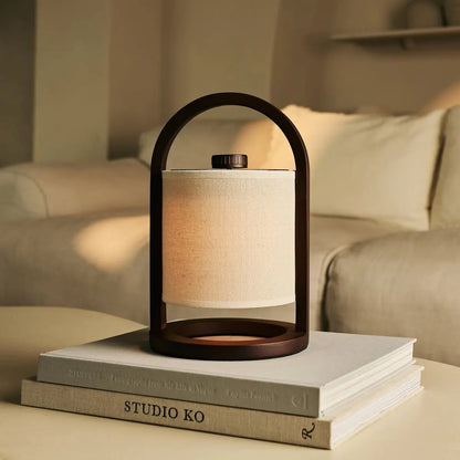 Wooden Rechargeable Table Lamp - Dark Brown Linen Blend, 100-Hour Battery