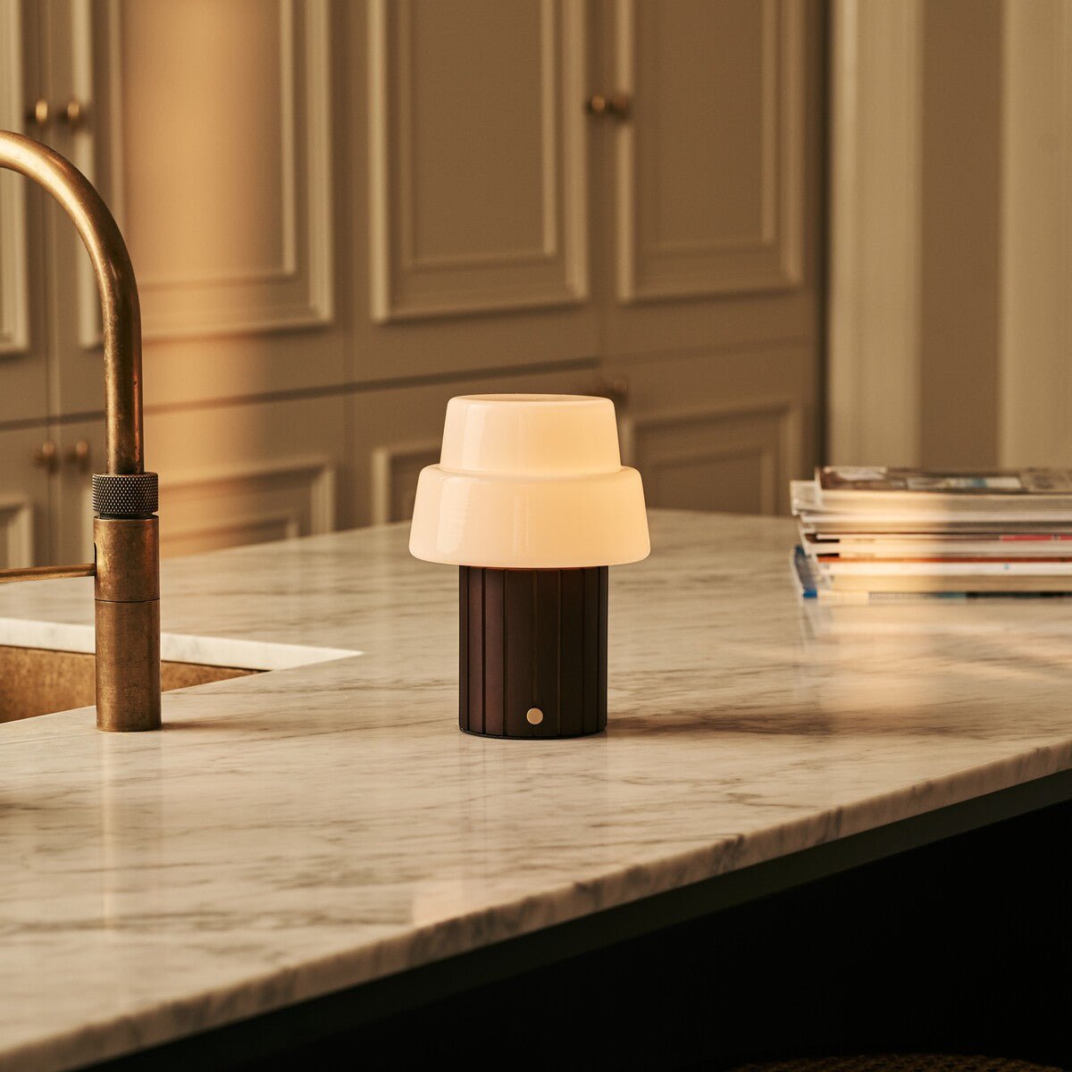 Lio Dark Brown Rechargeable Table Lamp | Cordless, 3 Light Modes & Glass Lampshade