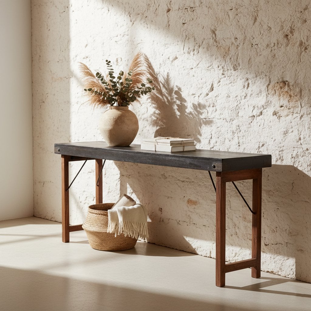 Reclaimed Wood Console Table - Black Foldable Design