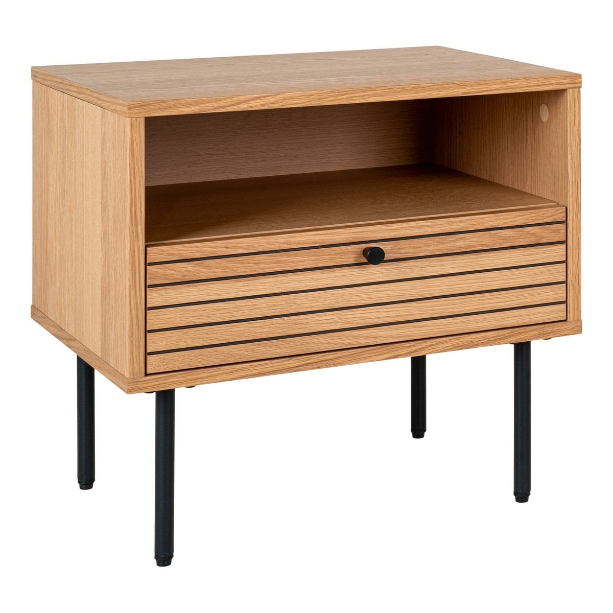 Kyoto Side Table - Side Table, oak veneer, black metal legs, 1 drawer, 50x40x50 cm